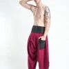 HaremPants.com Men's Thai Button Up Cotton Pants With Hill Tribe Trim Red