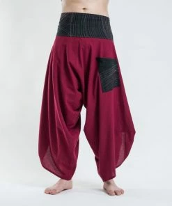 HaremPants.com Men's Thai Button Up Cotton Pants With Hill Tribe Trim Red