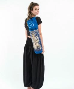 HaremPants.com Blue Embroidered Ohm + Ganesha Print Cotton & Hemp Yoga Mat Bag Blue Harem Pants