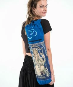 HaremPants.com Blue Embroidered Ohm + Ganesha Print Cotton & Hemp Yoga Mat Bag Blue Harem Pants
