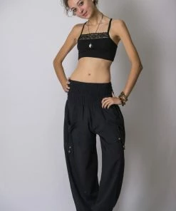 HaremPants.com Women's Thai Smocked Waist Cotton Pants In Solid Black