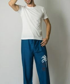 HaremPants.com Chinese Writing Men's Thai Yoga Pants In Blue