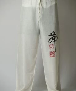 HaremPants.com Men's Drawstring Yoga Pants Chinese Writing Men's Thai Yoga Pants In White