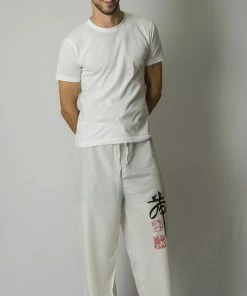 HaremPants.com Men's Drawstring Yoga Pants Chinese Writing Men's Thai Yoga Pants In White