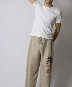 HaremPants.com Chinese Writing Men's Thai Yoga Pants In Khaki