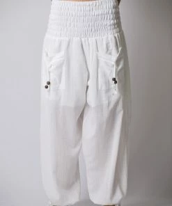 HaremPants.com Women's Thai Smocked Waist Cotton Pants In Solid White