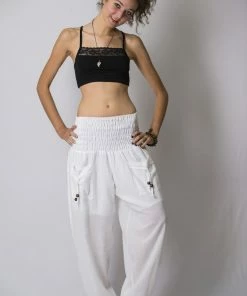 HaremPants.com Women's Thai Smocked Waist Cotton Pants In Solid White