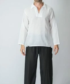 HaremPants.com Mens Yoga Shirts Collar V Neck In White