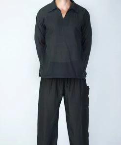 HaremPants.com Mens Yoga Shirts Collar V Neck In Black