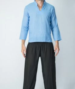 HaremPants.com Men's Mens Yoga Shirts Nehru Collared In Blue