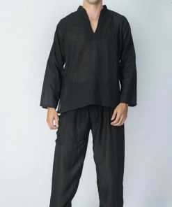 HaremPants.com Men's Mens Yoga Shirts Nehru Collared In Black