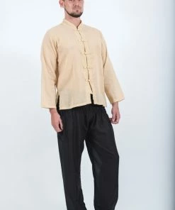 HaremPants.com Men's Mens Yoga Shirts Chinese Collared In Cream