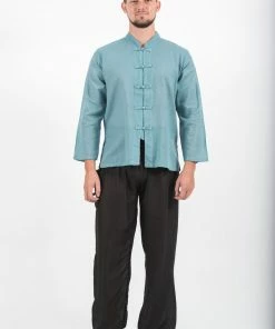 HaremPants.com Mens Yoga Shirts Chinese Collared In Aqua
