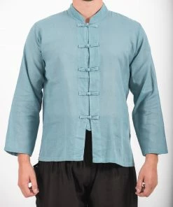 HaremPants.com Mens Yoga Shirts Chinese Collared In Aqua