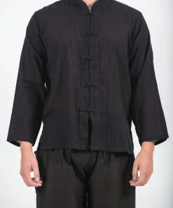 HaremPants.com Mens Yoga Shirts Chinese Collared In Black Men's