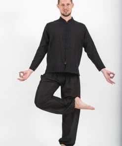 HaremPants.com Mens Yoga Shirts Chinese Collared In Black Men's