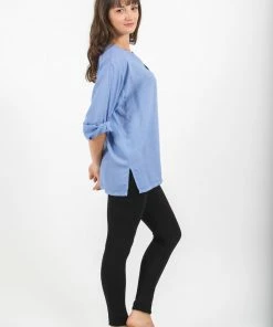 HaremPants.com Women's Womens Yoga Shirts No Collar With Coconut Buttons In Blue