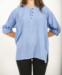 HaremPants.com Women's Womens Yoga Shirts No Collar With Coconut Buttons In Blue