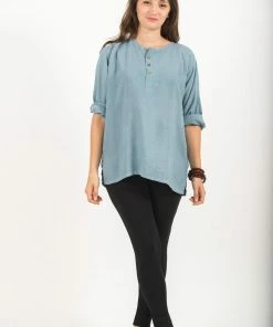 HaremPants.com Women's Womens Yoga Shirts No Collar With Coconut Buttons In Aqua