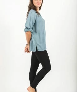 HaremPants.com Women's Womens Yoga Shirts No Collar With Coconut Buttons In Aqua