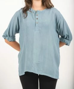 HaremPants.com Women's Womens Yoga Shirts No Collar With Coconut Buttons In Aqua