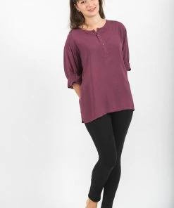 HaremPants.com Womens Yoga Shirts No Collar With Coconut Buttons In Purple