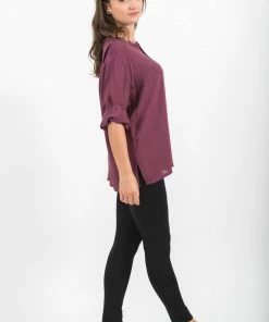 HaremPants.com Womens Yoga Shirts No Collar With Coconut Buttons In Purple