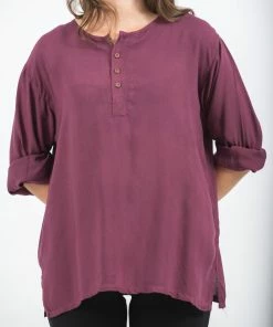 HaremPants.com Womens Yoga Shirts No Collar With Coconut Buttons In Purple