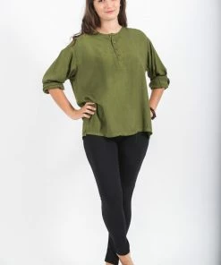 HaremPants.com Womens Yoga Shirts No Collar With Coconut Buttons In Olive Women's