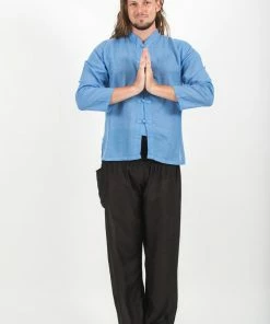 HaremPants.com Men's Mens Yoga Shirts Chinese Collared In Blue