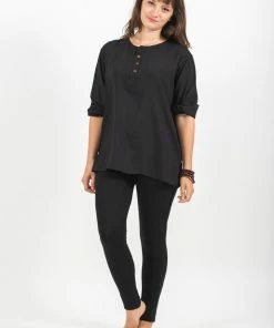 HaremPants.com Womens Yoga Shirts No Collar With Coconut Buttons In Black Women's