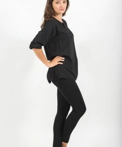 HaremPants.com Womens Yoga Shirts No Collar With Coconut Buttons In Black Women's