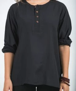 HaremPants.com Womens Yoga Shirts No Collar With Coconut Buttons In Black Women's