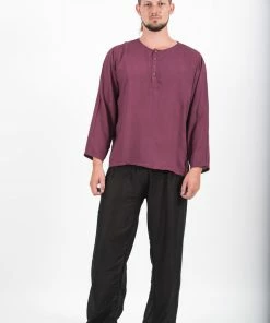 HaremPants.com Men's Mens Yoga Shirts No Collar With Coconut Buttons In Purple