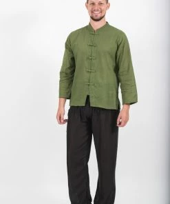 HaremPants.com Mens Yoga Shirts Chinese Collared In Olive Men's