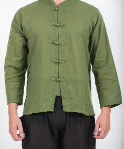 HaremPants.com Mens Yoga Shirts Chinese Collared In Olive Men's