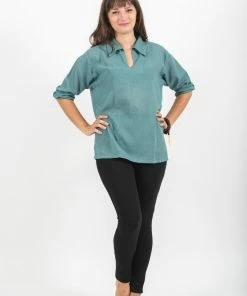 HaremPants.com Womens Yoga Shirts Collar V Neck In Aqua Women's