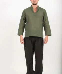 HaremPants.com Mens Yoga Shirts Nehru Collared In Olive