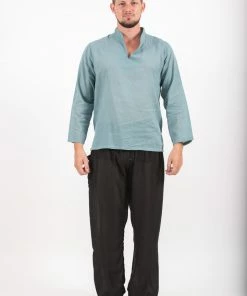 HaremPants.com Mens Yoga Shirts Nehru Collared In Aqua Men's