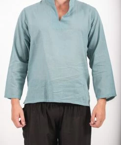 HaremPants.com Mens Yoga Shirts Nehru Collared In Aqua Men's