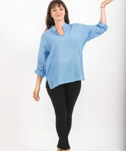 HaremPants.com Womens Yoga Shirts Nehru Collared In Blue