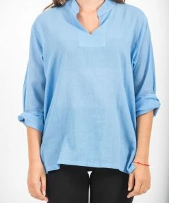 HaremPants.com Womens Yoga Shirts Nehru Collared In Blue