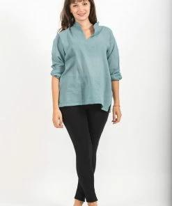 HaremPants.com Womens Yoga Shirts Nehru Collared In Aqua