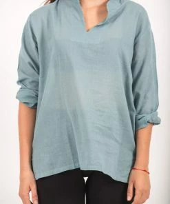 HaremPants.com Womens Yoga Shirts Nehru Collared In Aqua