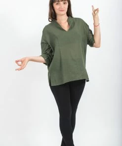HaremPants.com Womens Yoga Shirts Nehru Collared In Olive
