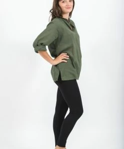HaremPants.com Womens Yoga Shirts Nehru Collared In Olive