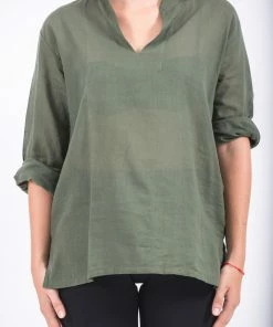 HaremPants.com Womens Yoga Shirts Nehru Collared In Olive