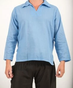 HaremPants.com Mens Yoga Shirts Collar V Neck In Blue