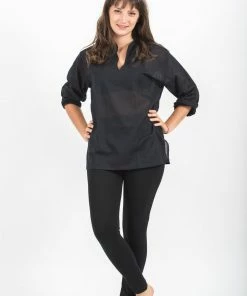 HaremPants.com Women's Womens Yoga Shirts Nehru Collared In Black