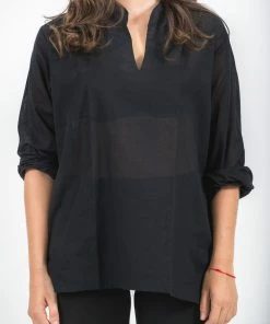 HaremPants.com Women's Womens Yoga Shirts Nehru Collared In Black
